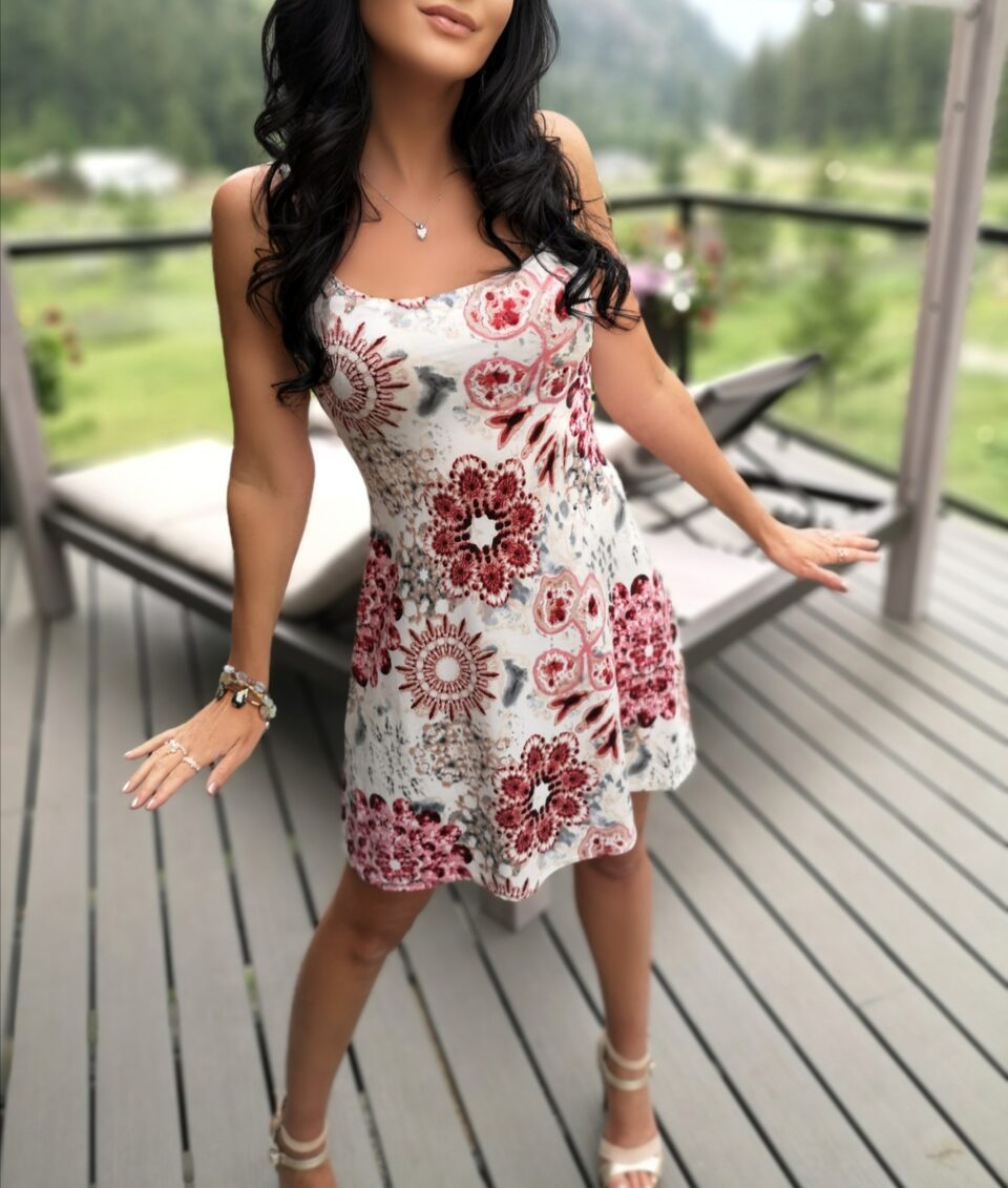 Red on ivory mini floral print summer dress.