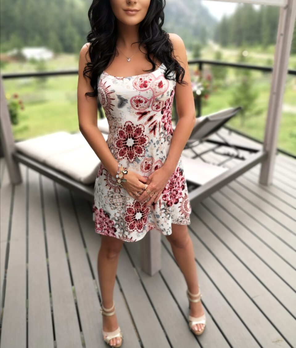 Red on ivory mini floral print summer dress.