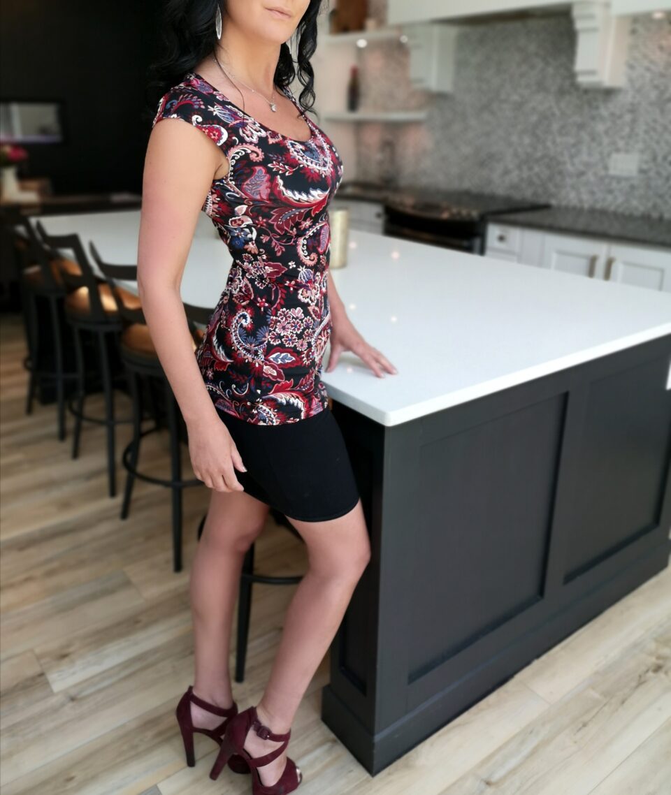 Red paisley cap sleeve top.