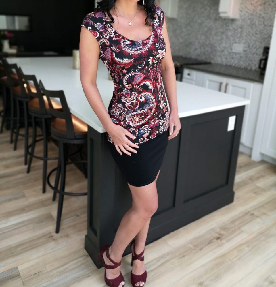 Red paisley cap sleeve top.