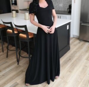 Black hooded maxi dress.