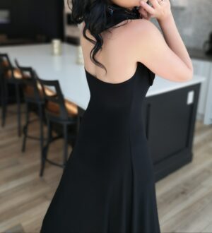 Black hooded maxi dress.