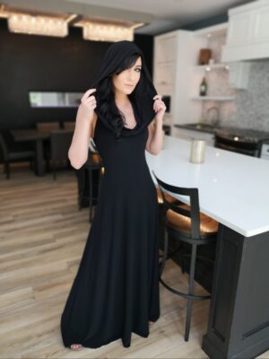 Black sleek hooded sleeveless maxi dress.