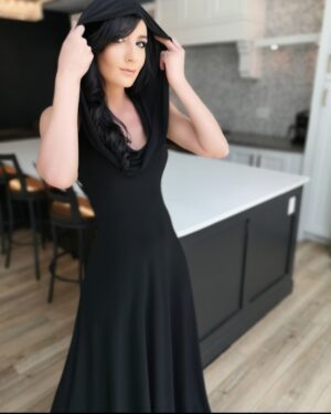 Black hooded maxi dress.