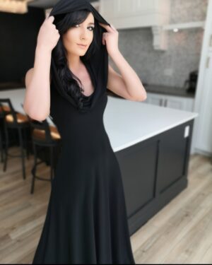 Black sleek hooded sleeveless maxi dress.