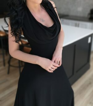 Black hooded maxi dress.