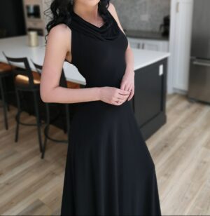 Black sleek hooded sleeveless maxi dress.