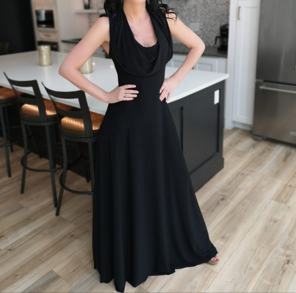 Black sleek hooded sleeveless maxi dress.