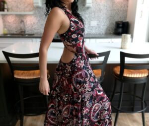 Red backless paisley dress.