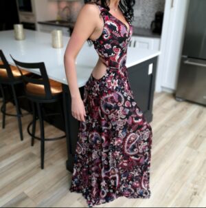 Red backless paisley dress.