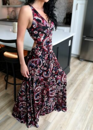 Red backless paisley dress.