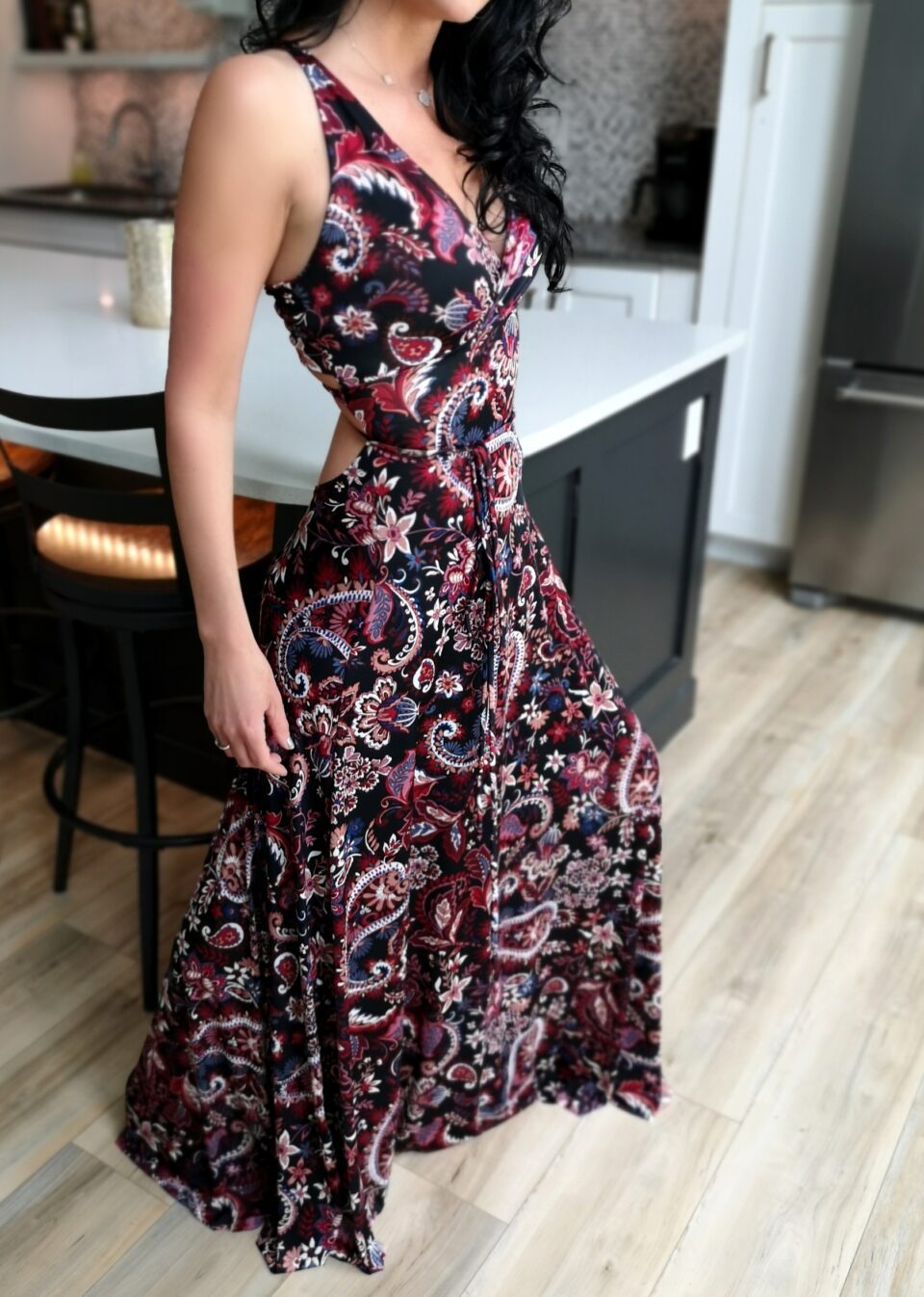Red backless paisley dress.
