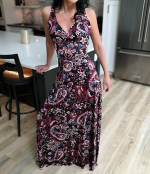 Red backless paisley dress.
