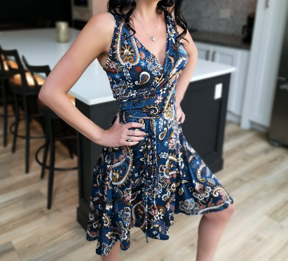 Short blue paisley light dress.