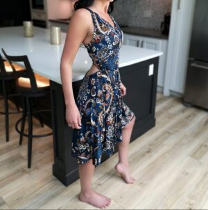 Short blue paisley light dress.