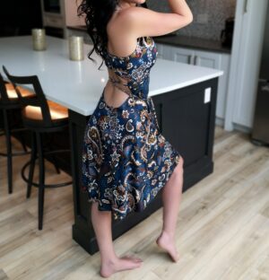Short blue paisley light dress.