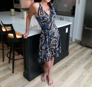 Short blue paisley light dress.