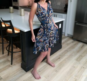 Short blue paisley light dress.