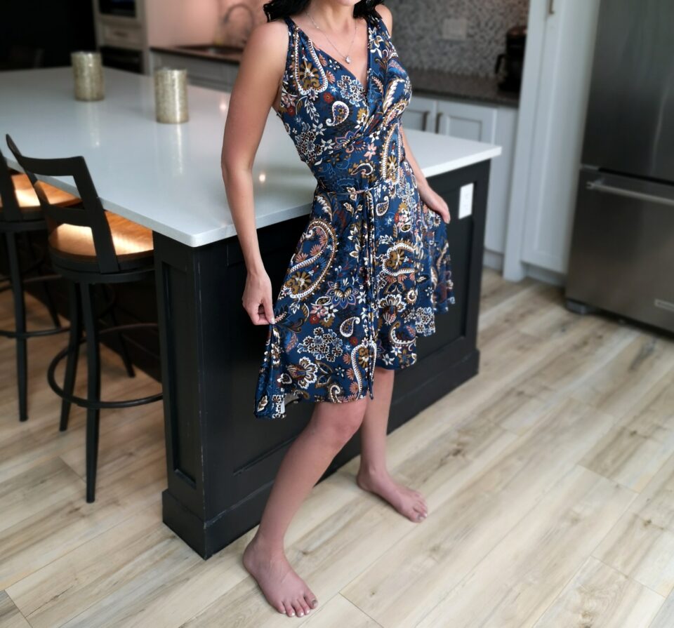 Short blue paisley light dress.
