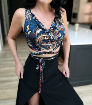 Blue paisley cowl neck crop top.