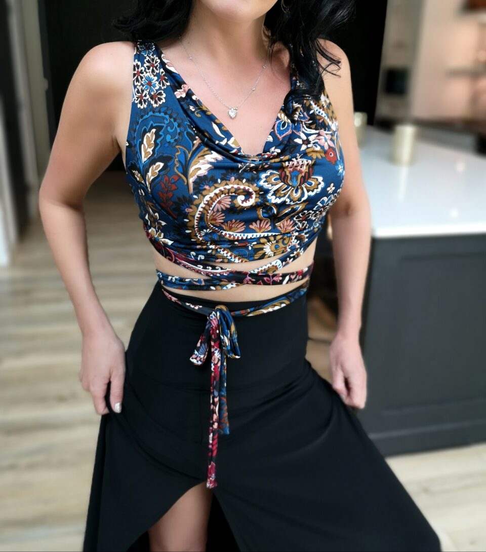Blue paisley cowl neck crop top.