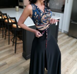 Blue paisley cowl neck crop top.