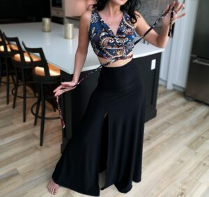 Blue paisley cowl neck crop top.