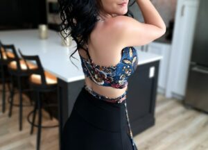 Blue paisley cowl neck crop top.