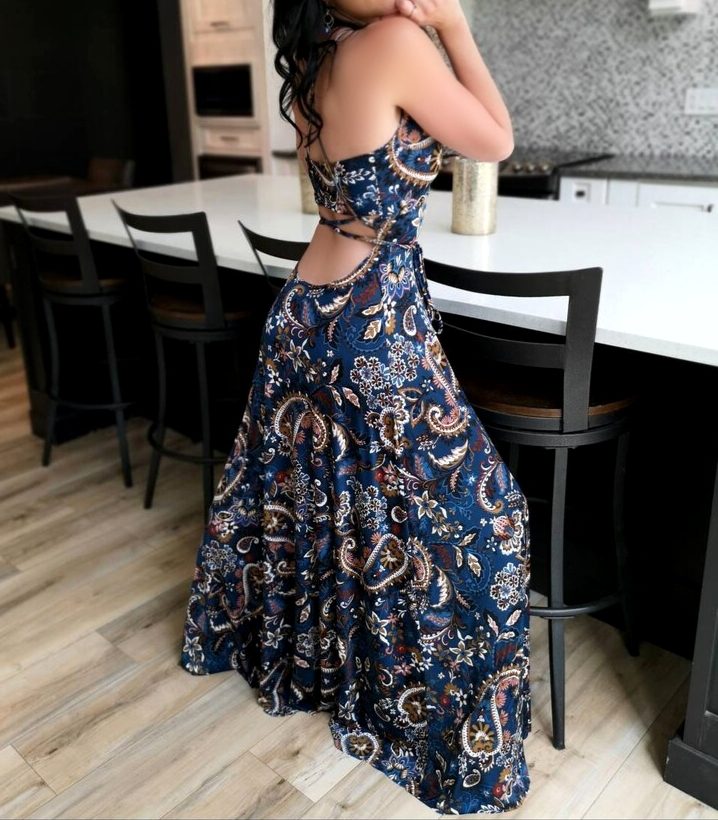 Backless blue paisley maxi dress.