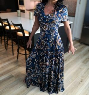 Blue hooded paisley maxi dress.