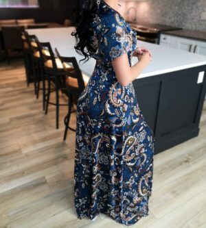 Blue hooded paisley maxi dress.