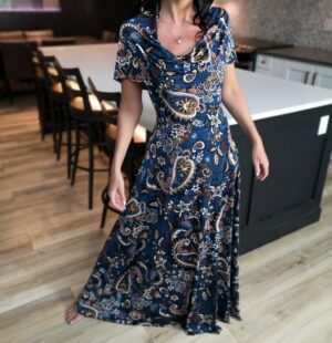 Blue hooded paisley maxi dress.