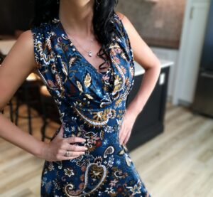 Blue hooded paisley maxi dress.