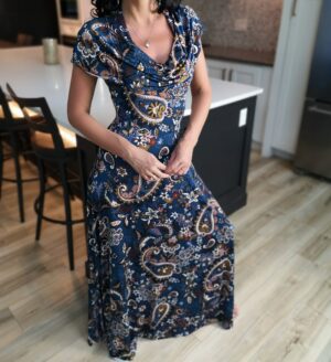Blue hooded paisley maxi dress.