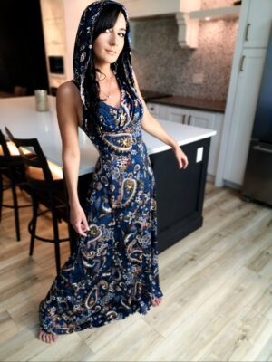 Blue hooded paisley maxi dress.
