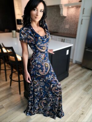 Blue hooded paisley maxi dress.