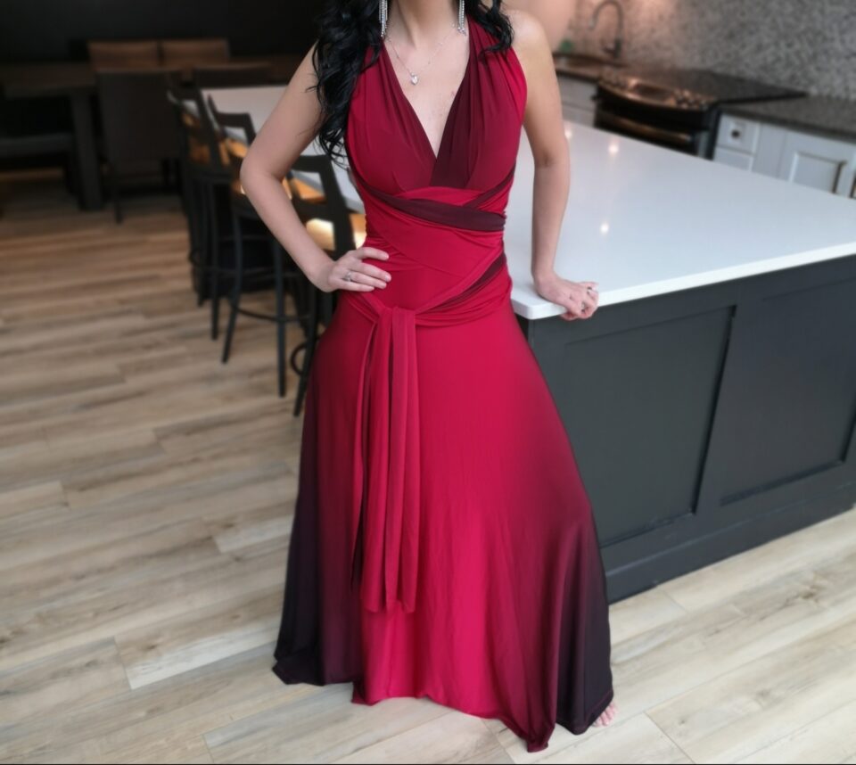 Red ombre halter maxi dress.