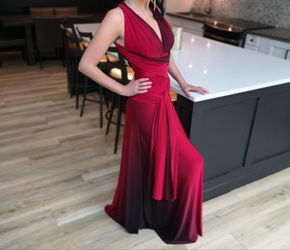 Red ombre halter maxi dress.
