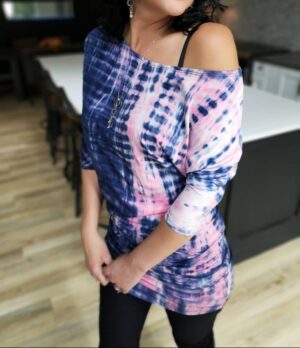 Pink and navy tie-dye off the shoulder tunic top.