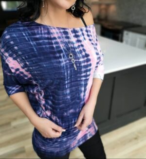 Pink and navy tie-dye off the shoulder tunic top.