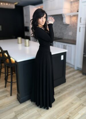 V-neck long black maxi dress.