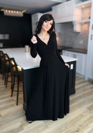 V-neck long black maxi dress.