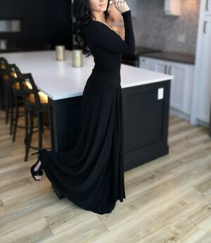 V-neck long black maxi dress.