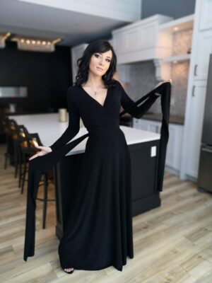 V-neck long black maxi dress.