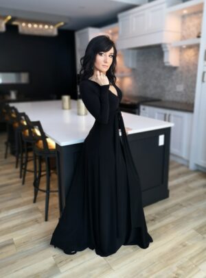 V-neck long black maxi dress.