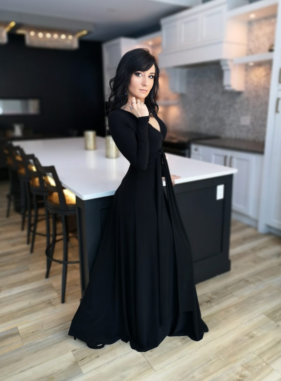 V-neck long black maxi dress.