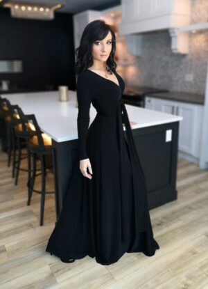 V-neck long black maxi dress.