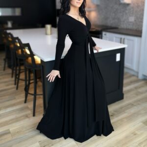 V-neck long black maxi dress.