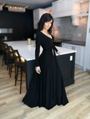 V-neck long black maxi dress.