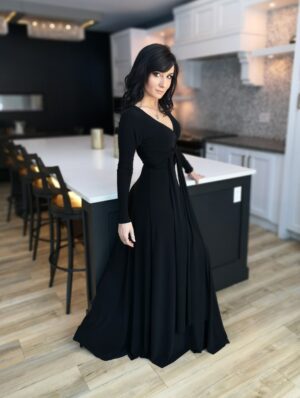 Black V-neck maxi dress.